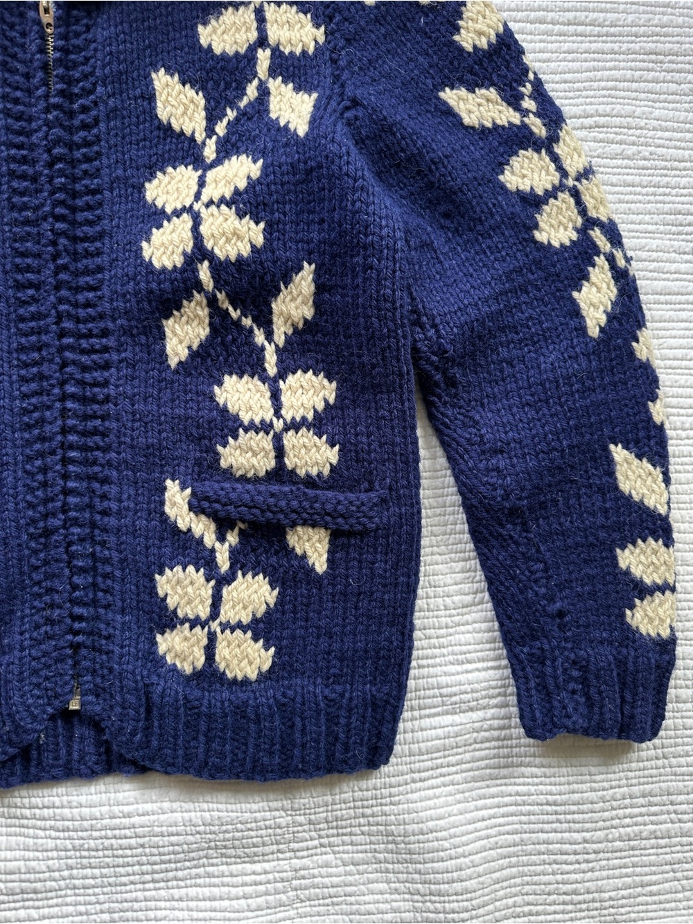 Vintage Navy Blue Floral Chunky Knit Zip-Front Women's Sweater Jacket Cardigan - Picture 4 of 10